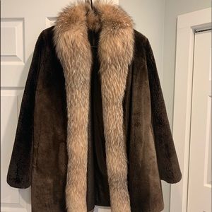 Mid length beaver fur coat with fox trim